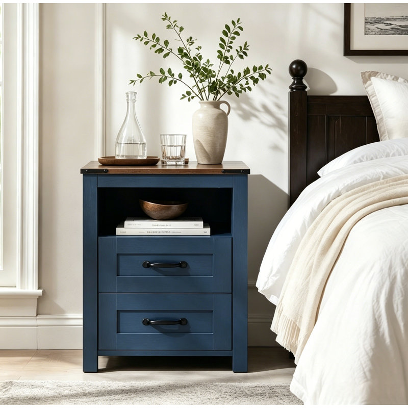 Nightstand with Charging Station,Side Table with 2 Drawers Storage Cabinet for Bedroom, Living Room, Blue, 1