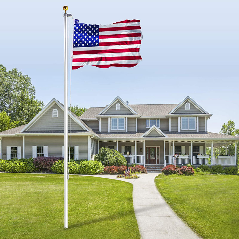 20FT Flag Pole Kit - 5-Section Telescopic Pole with 45FT Rope, 4 Stainless Steel Clips, PVC Sleeve, Gold Ball & Pulley Truck for Outdoor Use