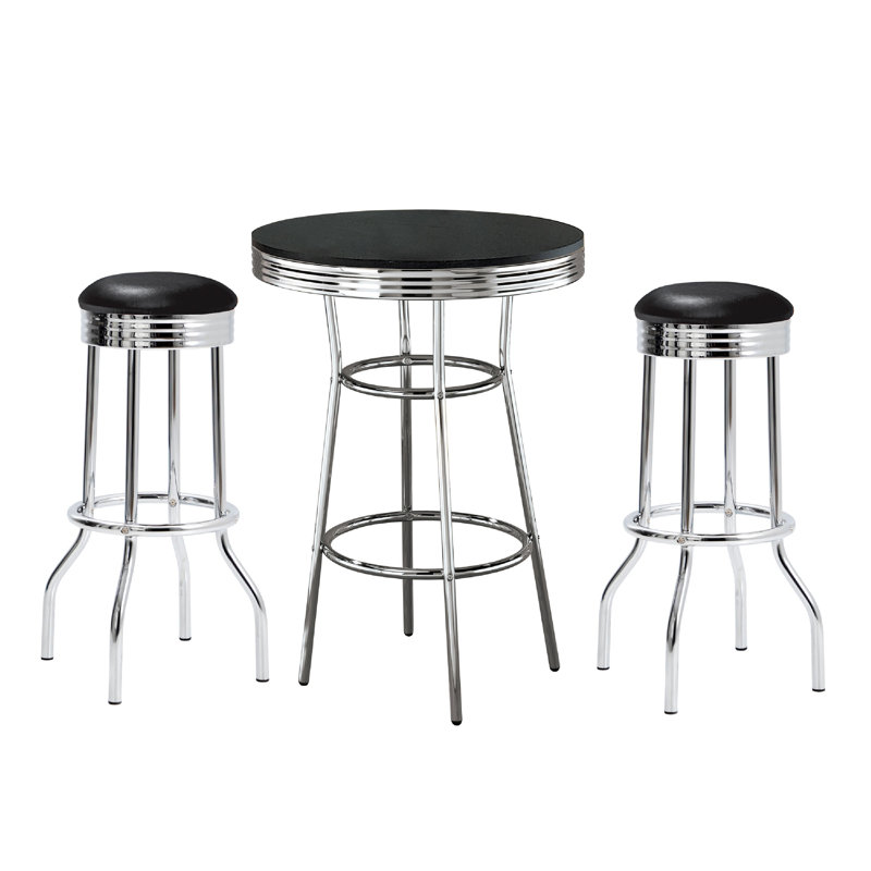 Ensemble de table de bar 3 pièces Loy, plateau rond blanc, 2 tabourets, chrome, Noir