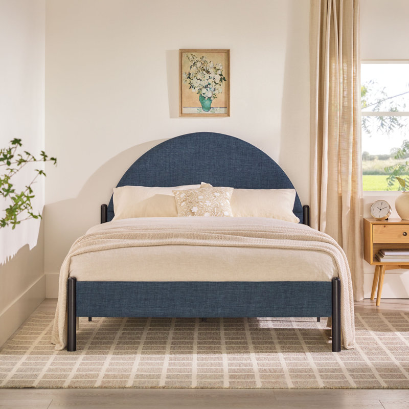 Grand lit plateforme tapissier Liann, Bleu