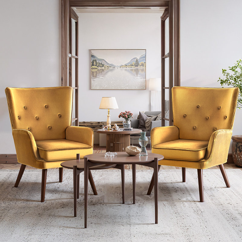 71cm W Modern Solid Wood Armchair & Accent Chair with Velvet Upholstery for Living Room , Yellow