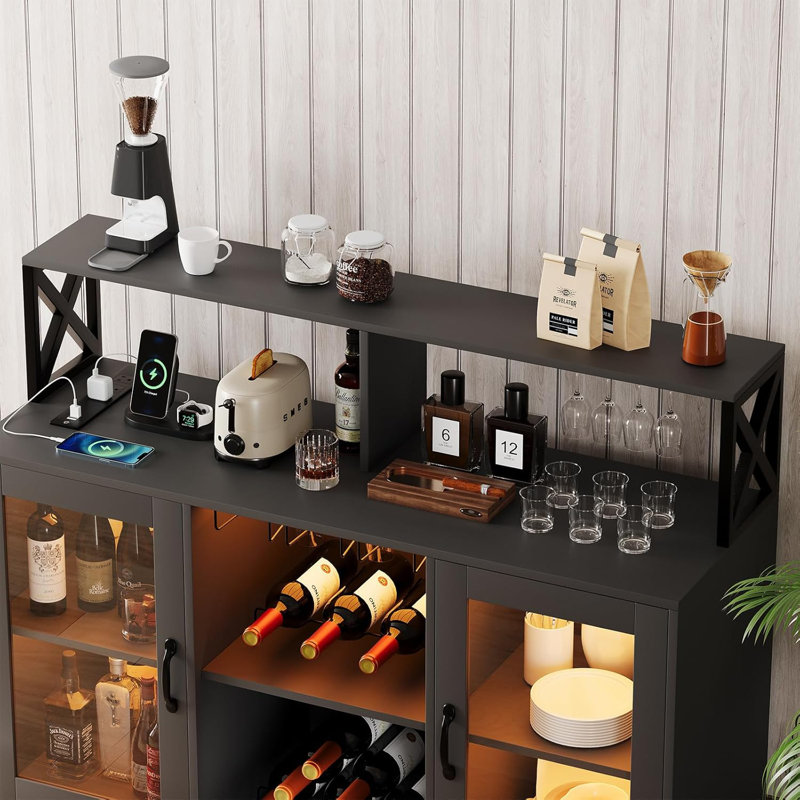 Bar Cabinet With Power Outlets, Led Lights And Glass Holder, Storage Buffet Cabinet, Black