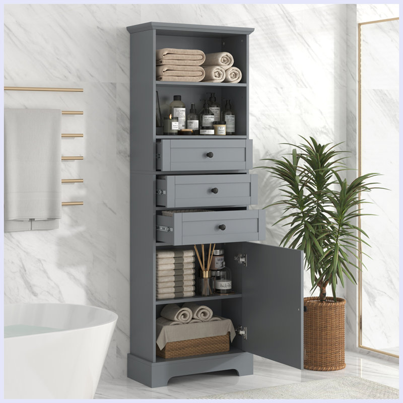 Grande armoire de rangement avec 3 tiroirs et tablettes réglables pour la salle de bain, Gris