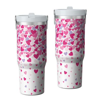 Gobelet 30 oz avec couvercle et poignée Gobelets isothermes en acier inoxydable Bouteille d'eau mignonne avec bascule (motif de cœur)