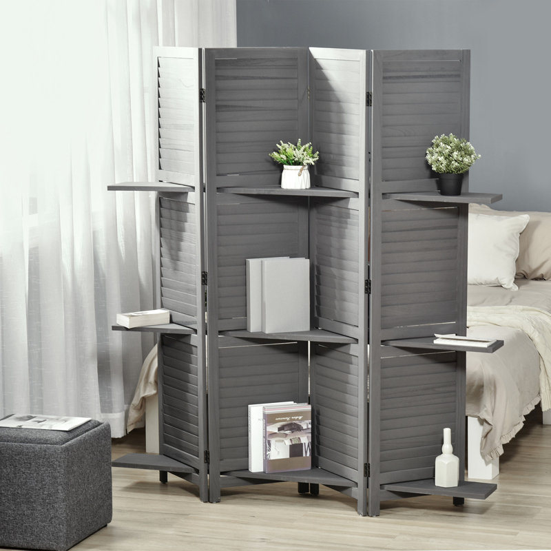 Cloison de séparation d'intimité 5,6 pi, grise avec rangement pour chambre et bureau, 4 panneaux de rideaux d'aspect bois rustique et rangement de bureau, style