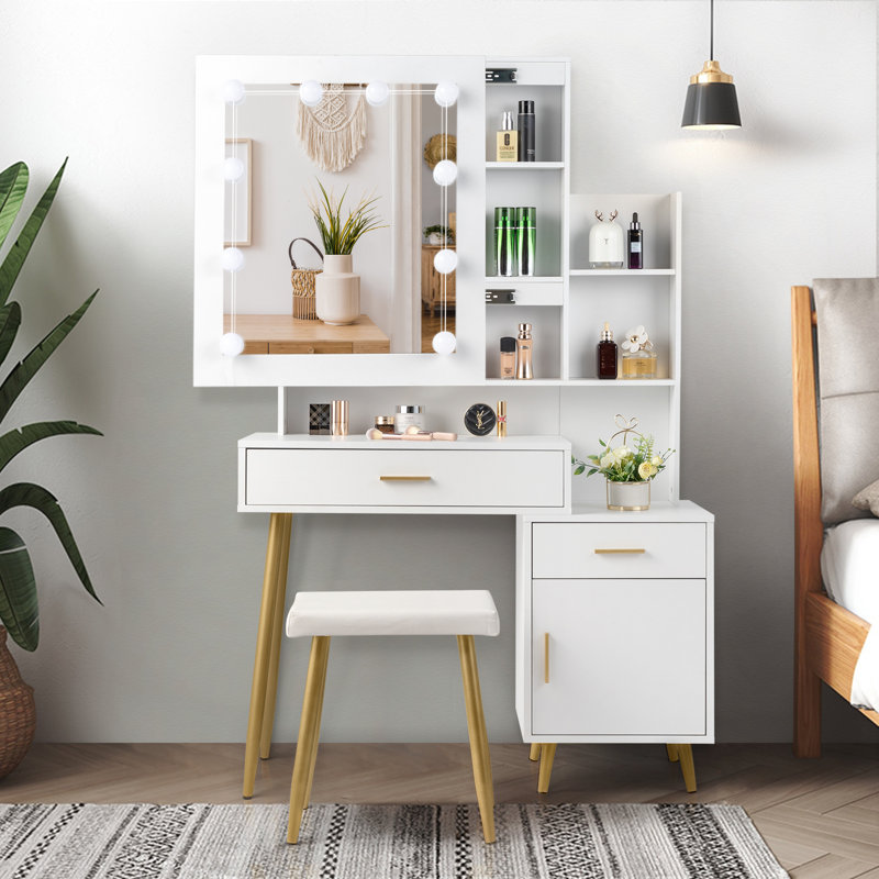 Meuble-lavabo, Blanc / or