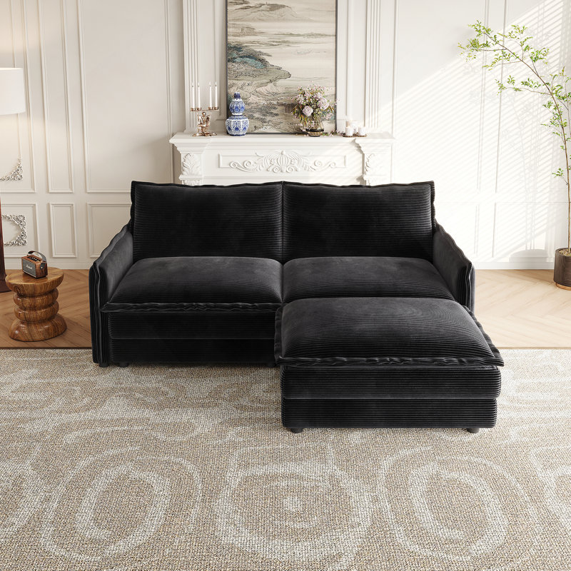 Comfortable Corduroy Loveseat Sofa With Ottoman For Living Room, Black