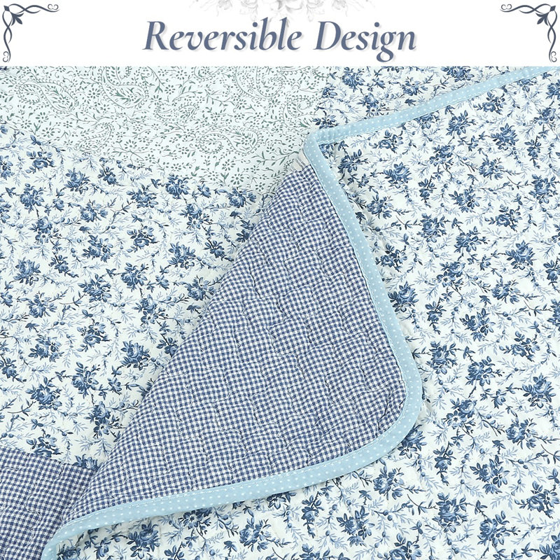 Ensemble de literie à courtepointe en coton à motif floral à carreaux 3 pièces Subtle Blue