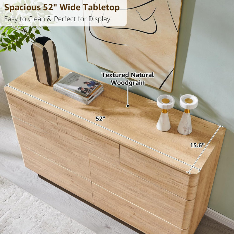 52" Wide Modern 7 Drawer Dresser, Wood Handleless Dresser Chest Of Drawers For Bedroom, Natural Oak
