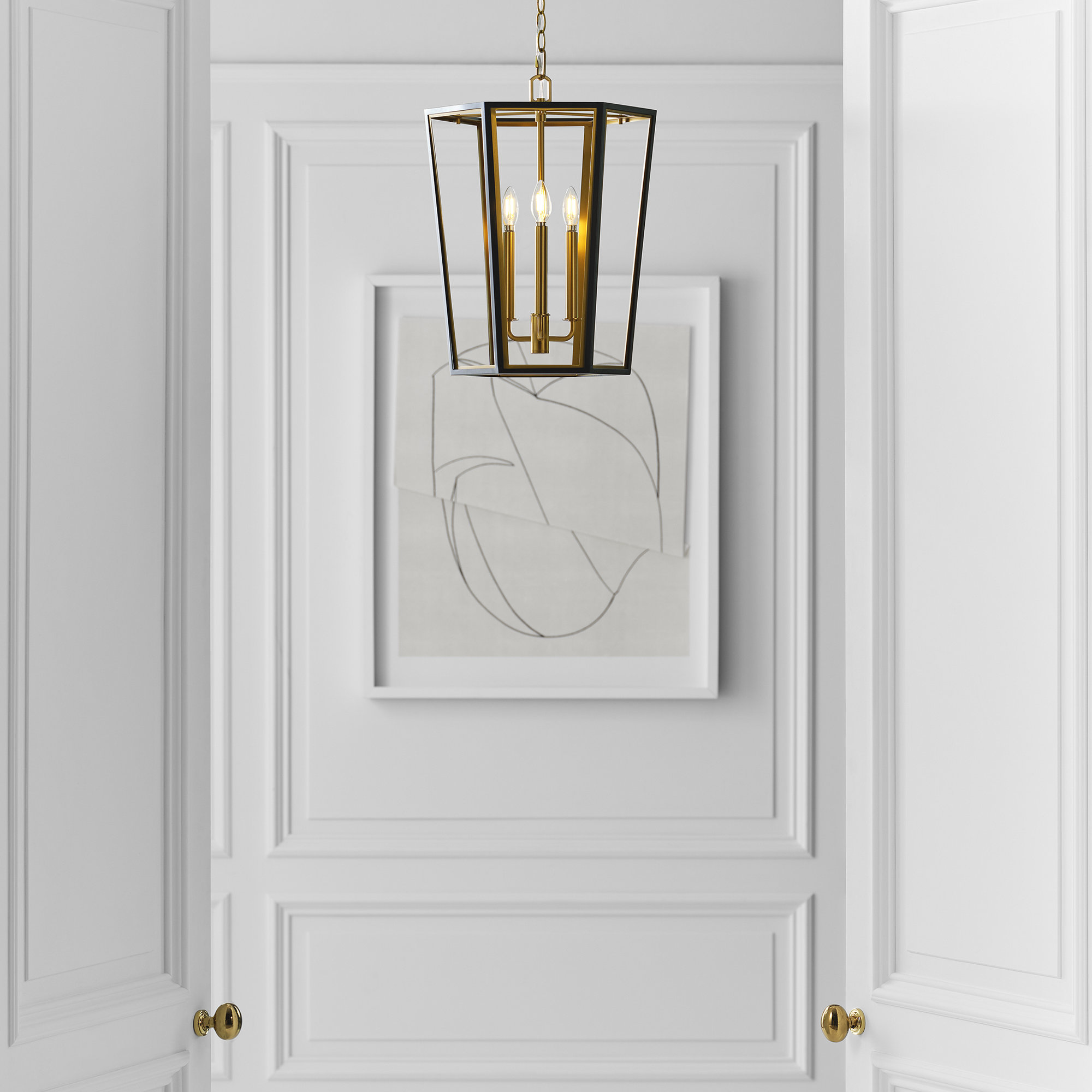 3 - Light Metal Dimmable Lantern Chandelier, Midnight Black/Burnished Brass