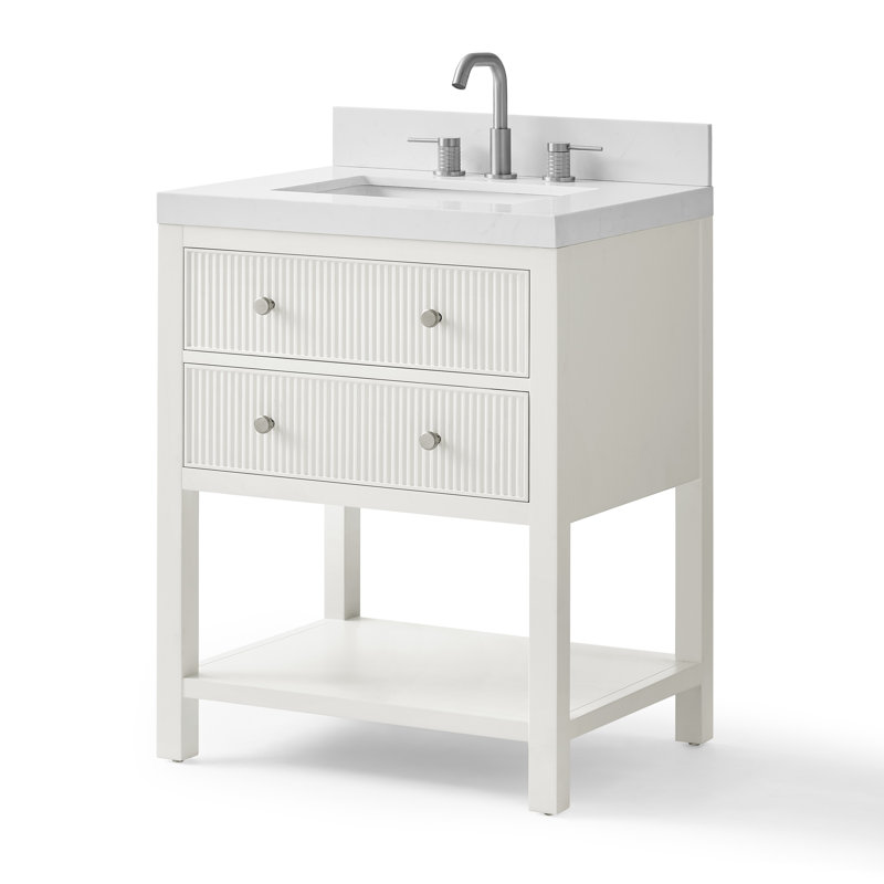 Meuble-lavabo Capri 28 po en bois massif avec un seul lavabo et un comptoir en quartz blanc Thassos de 2 po., Blanc classique