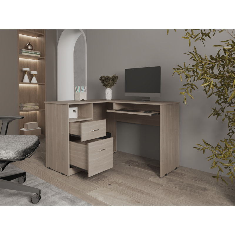 Jexiel L-Shaped Computer Desk, Bardolino Oak, Light Gray