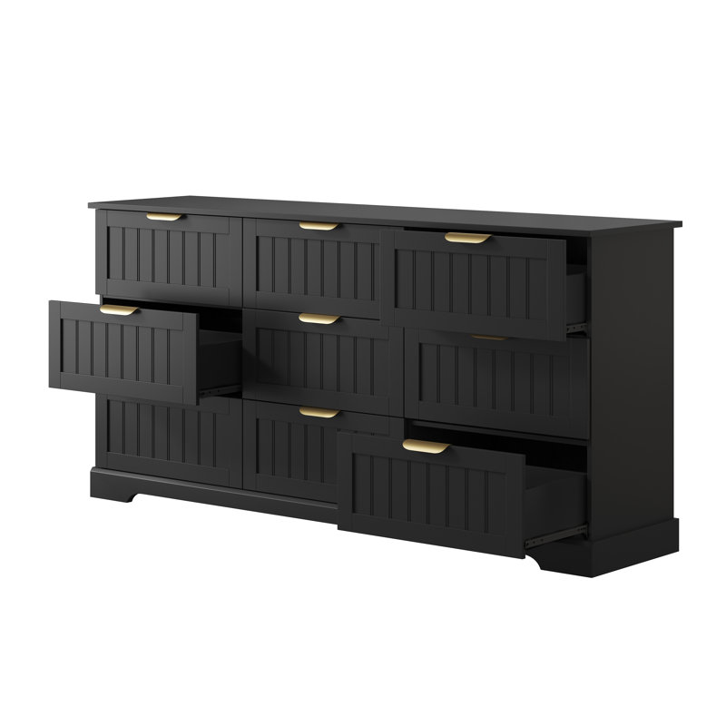 Commode 9 tiroirs Aideen, l 63 po Commode moderne avec poignée en métal, Noir