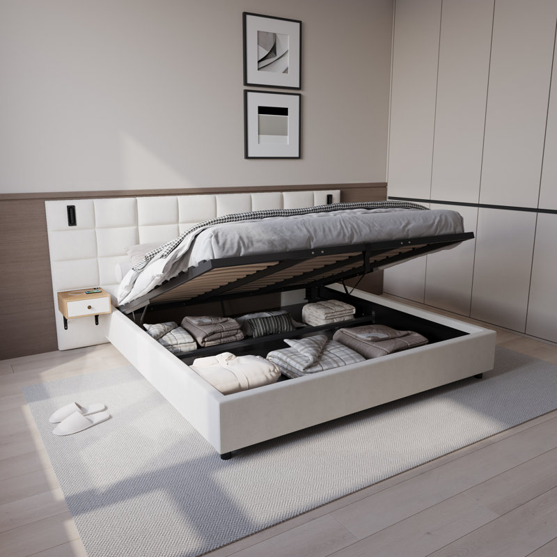 King Size Velvet Upholstered Hydraulic Lift-Up Storage Platform Bed With Headboard, Built-In Nightstands With Drawers, 2 Lamps, And Usb Port