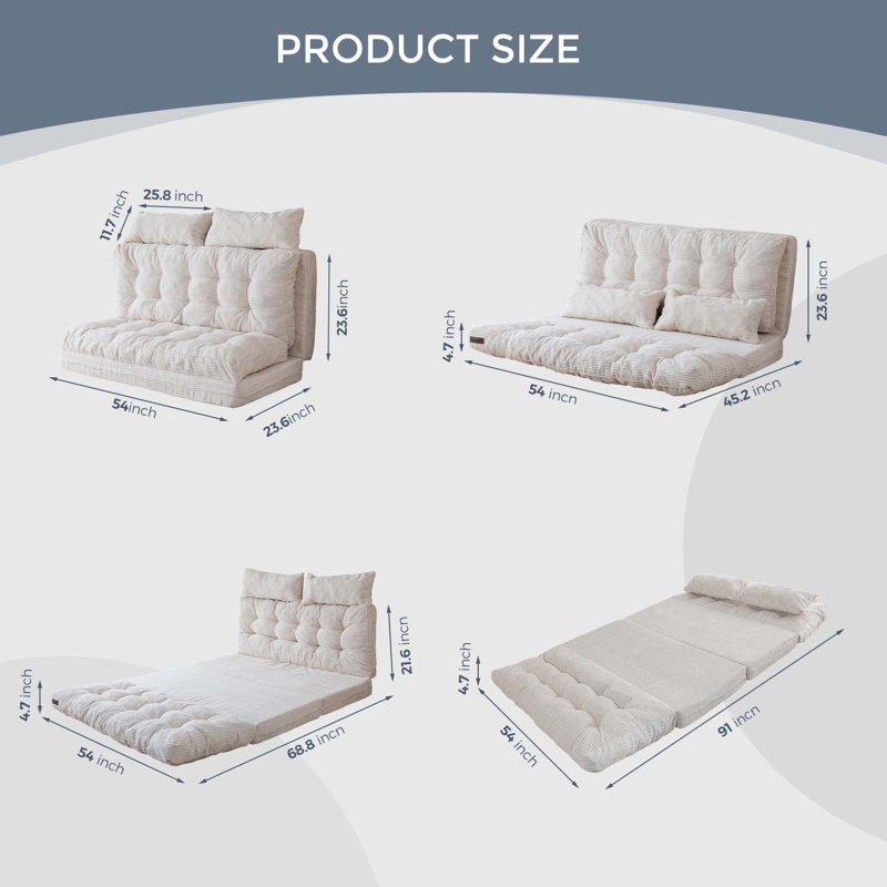 Canapé-lit Corduroy, H 4,7 po x l 54 po x P 91 po, Velours côtelé crème