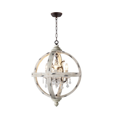 Lustre globe 4 lumières façon bougie avec cristaux en verre transparent au fini bois blanc délavé
