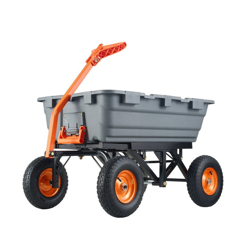 Chariot à benne en poly durable, capacité de 1 500 lb, cadre en acier avec plateau en poly, chariot utilitaire 1 pièce, noir, roues en caoutchouc de 13 po et poignée 2 en 1