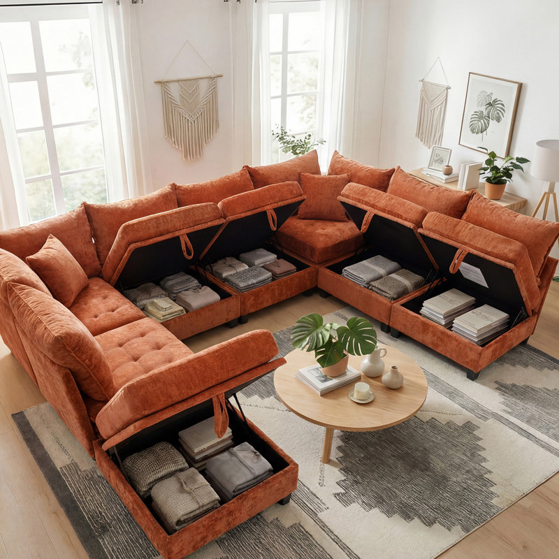 Canapé modulaire 8 pièces avec rangement sous le siège, canapé en chenille moderne pour le salon, configuration polyvalente