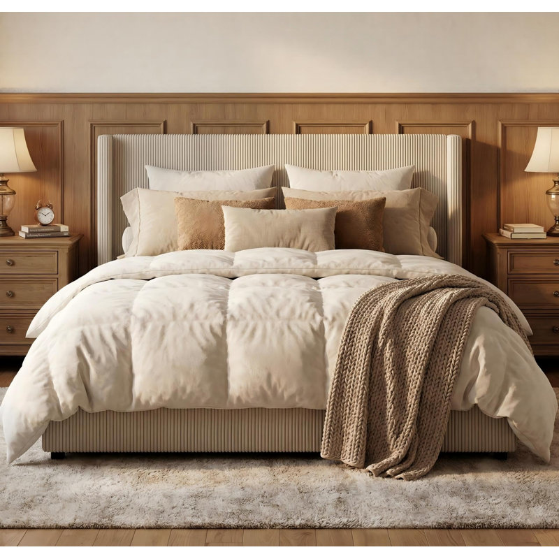 King Size Bed with Storage Drawers, Corduroy Upholstered Platform Bed Frame with Wingback, Tufted Headboard and Footboard, No Box Spring Needed, Beige
