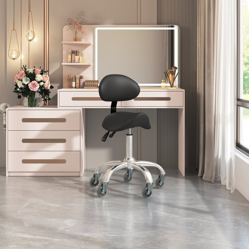 Ergonomic Saddle Stool with Premium Leather, Backrest Support, Rolling Casters, Easy to Assemble, Black, Black