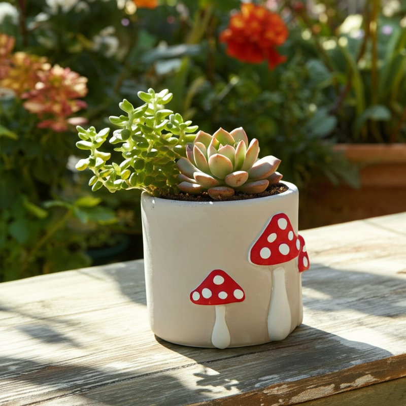 Sagebrook Home 6" Magic Mushroom Applique Planter, Red/White, 5" H x 6" W x 6" D