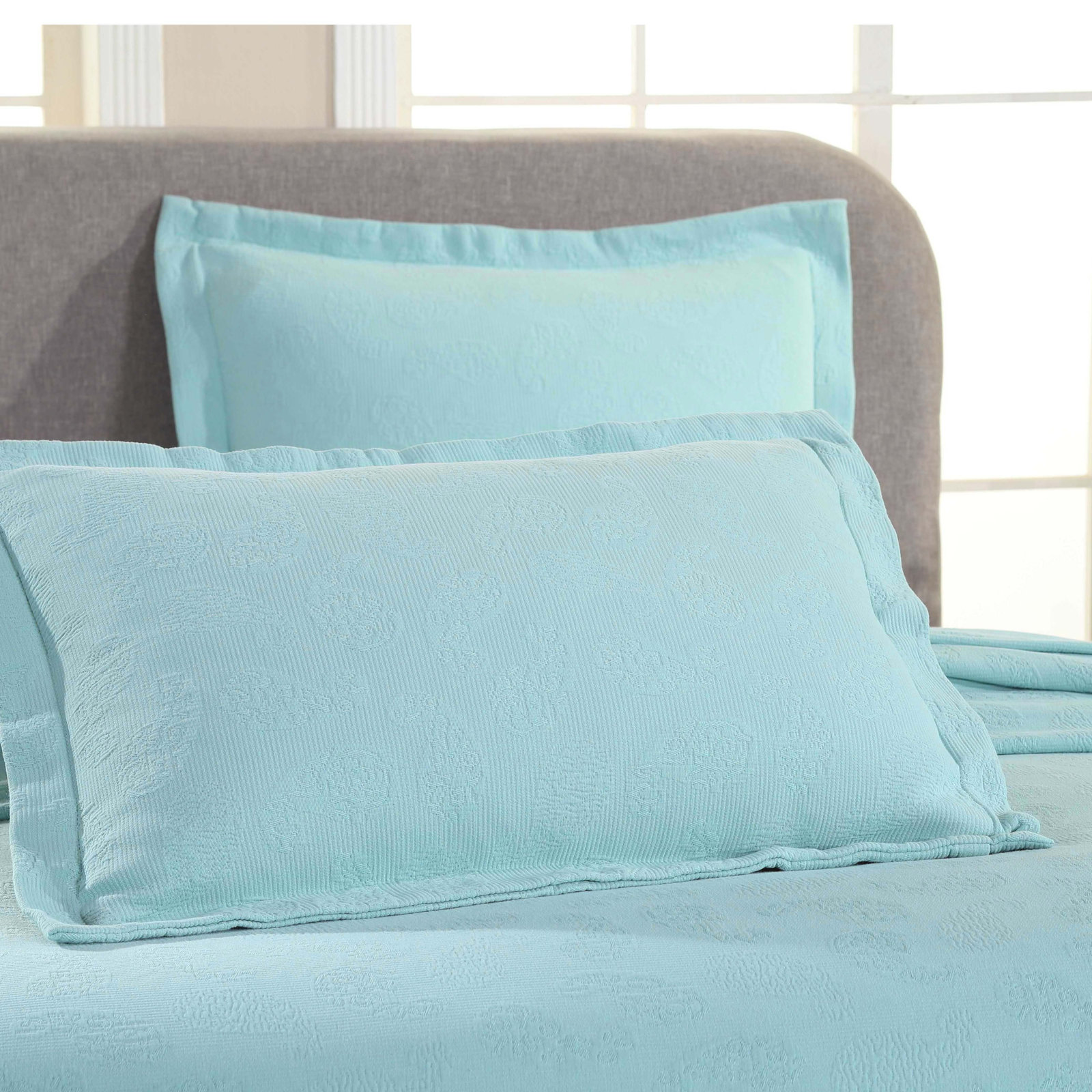 Cotton Bedspread Set, Full Coverlet + 2 Standard Shams, Aqua