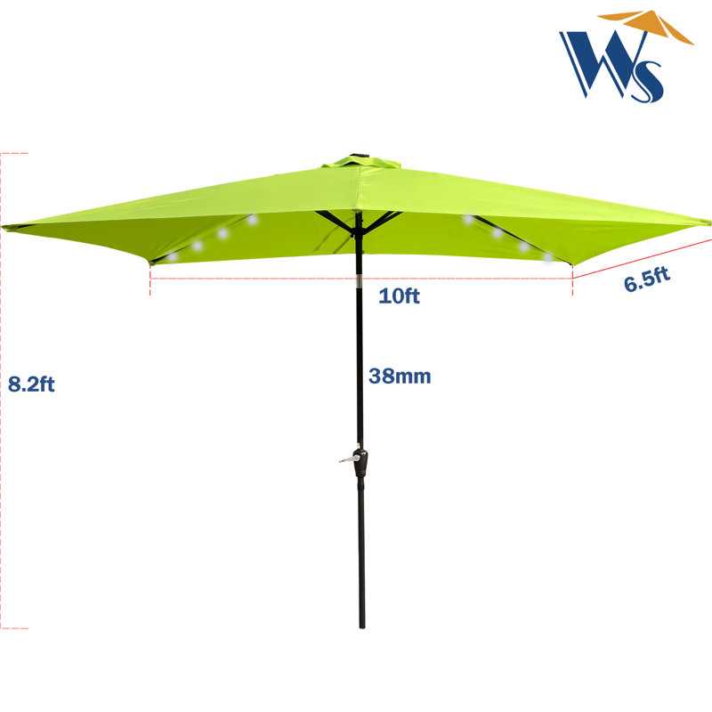 Parasol rectangulaire à DEL pour terrasse 10 pi x 6,5 pi, manivelle, inclinable, 26 lumières pour jardin, Lime Green