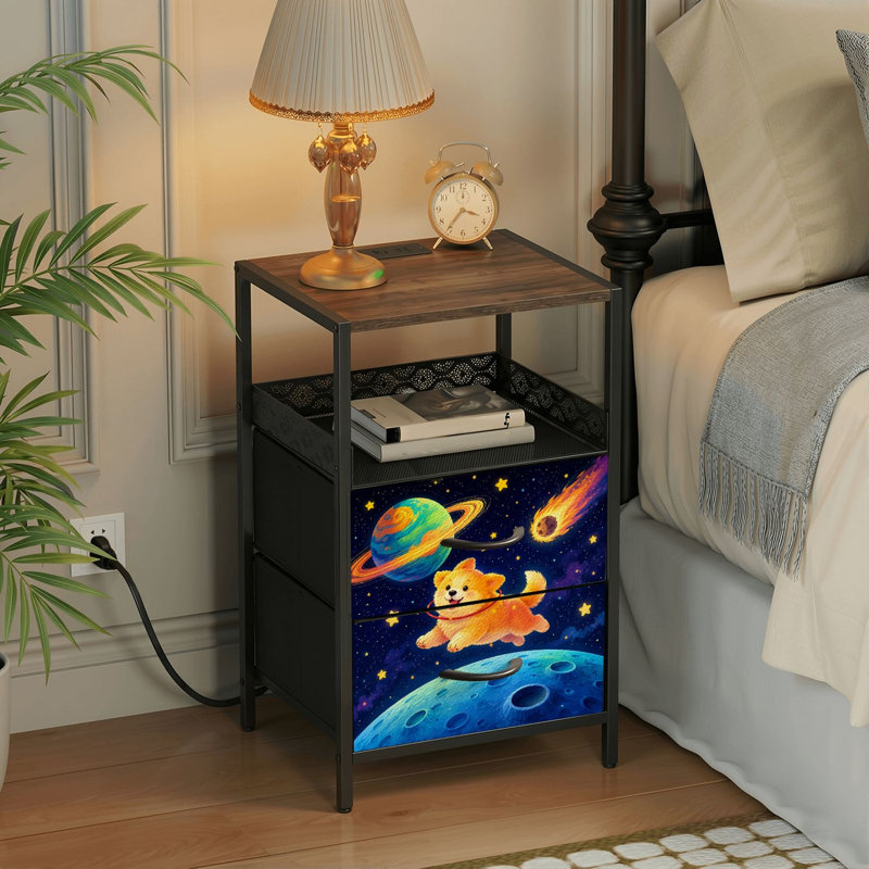 Table de chevet 2 tiroirs avec station de charge, table de chevet pour chambre avec ports USB et amp; Outlets, tablette ouverte noire, table de chevet avec un chien coloré flottant sur l'espace