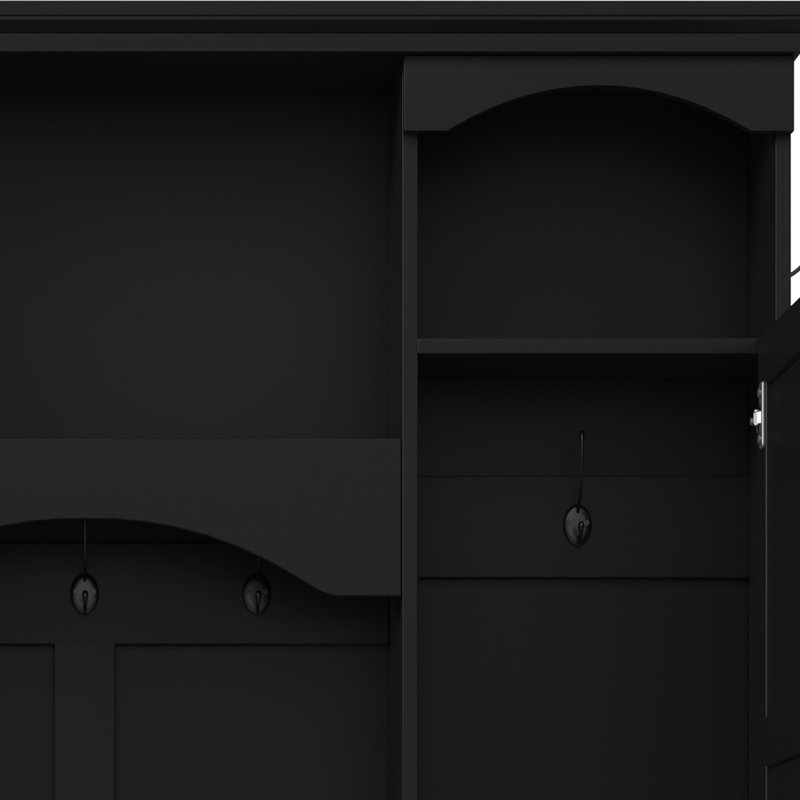 Modern All-In-One Farmhouse Hall Tree With Arched Design, Entryway Storage Bench With Dual Side Cabinets, Adjustable Shelves And 7 Hanging Hooks, Black