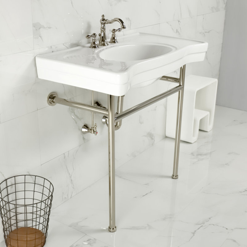 Kingston Brass Bristol 36-Inch Ceramic Console Sink with Stainless Steel Legs (8-Inch, 3-Hole), White/Polished Nickel