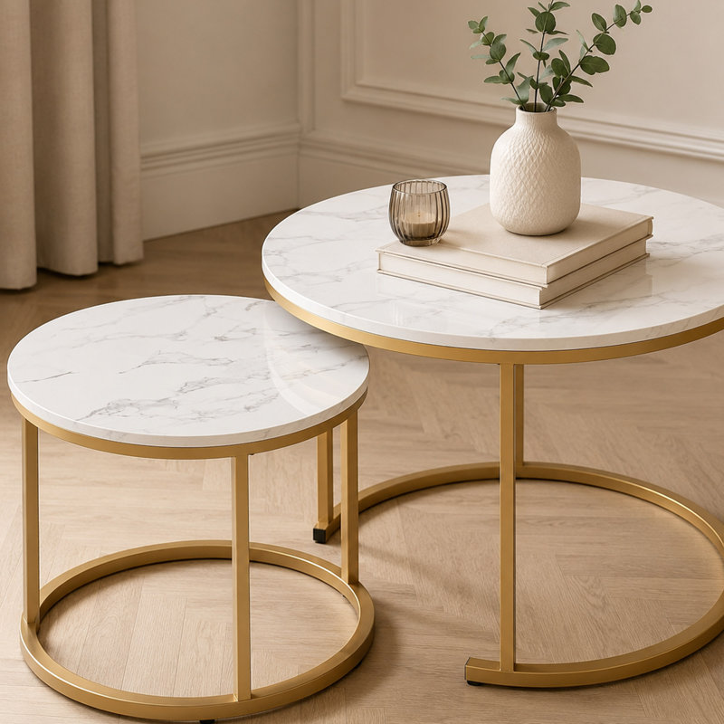 Ensemble de tables basses gigognes, tables d'appoint rondes en faux marbre avec structure en métal doré