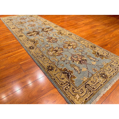 Soft Blue Oushak Runner Rug, Hand Knotted Wool Hallway Carpet 2x8, Floral Indian Runner for Entryway Décor