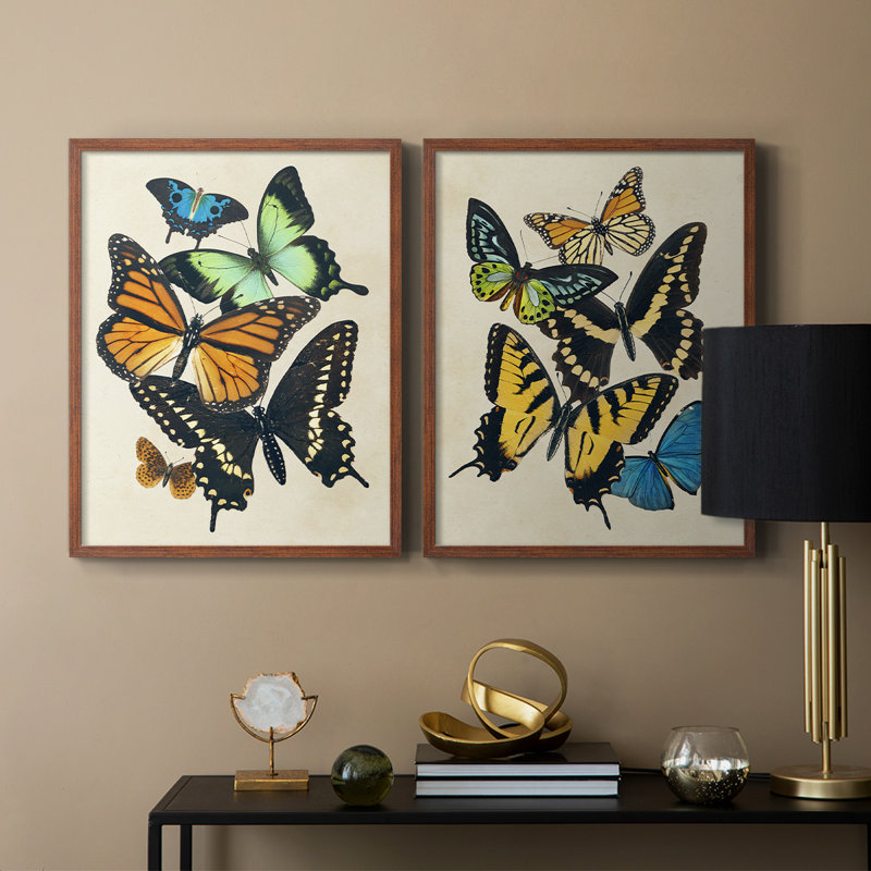 «Collage Butterflies I-Premium», reproduction encadrée prête à accrocher - aucun clou requis - aucun clou requis, Noyer