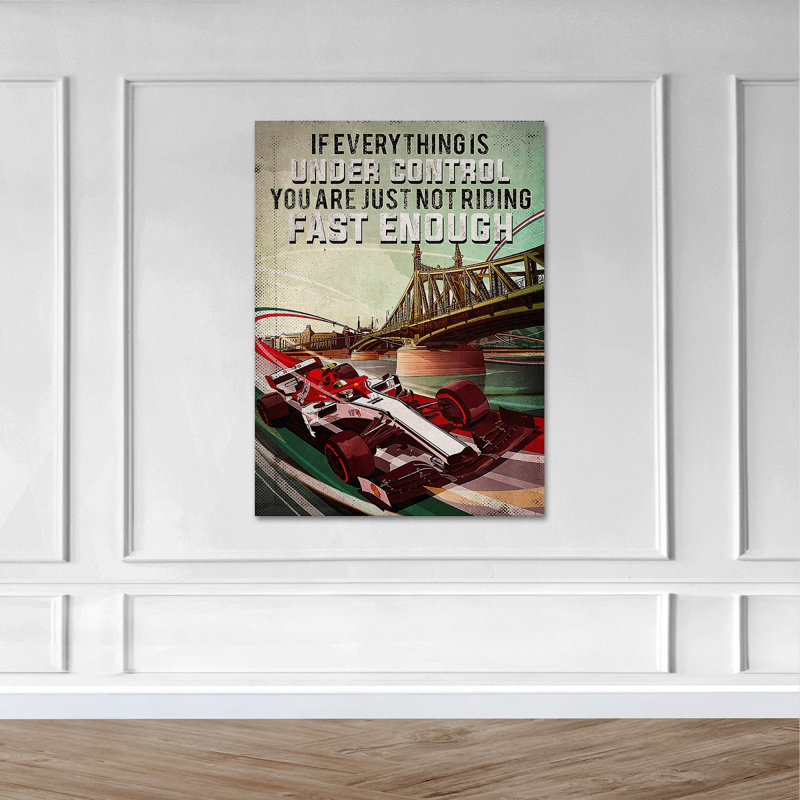 Voiture de course par rivière - Si tout est sous contrôle, toile tendue avec châssis - Illustration de transport, décor de salon brun et rouge
