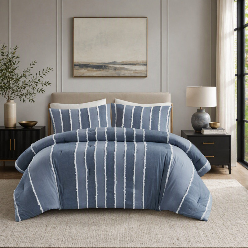 3 Piece King Cal King Striped Cotton Clip Jacquard Comforter Set with Shams 106 x 94 Inch