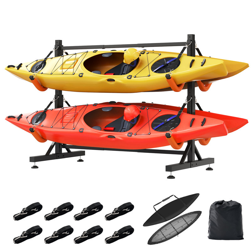  Support de rangement autoportant pour 4 kayaks Leeara, support à largeur réglable avec base stable, 8 cordes élastiques, manchons en tube EVA, 4 housses de protection pour garage intérieur et extérieur