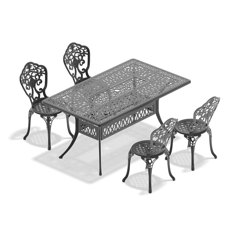 Black Outdoor Aluminum Rectangle Dining Set,Compact Size Chair (Seat Width:15.35"), Umbrella Hole, Weather-Resistant, 4