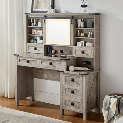 48''Farmhouse Makeup Vanity Desk With Lights & Charging Station，3 Brightness Lights, Glass Desktop With Ample Storage Space And Sliding Mirror