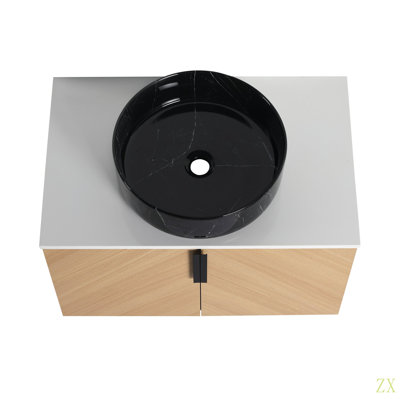 30" Bathroom Vanity With Top Ceramic Art Sink And Artificial Stone Slab, 2-Soft Close Door, Wall-Mounted Mounting Design, Plywood (KD-Packing)