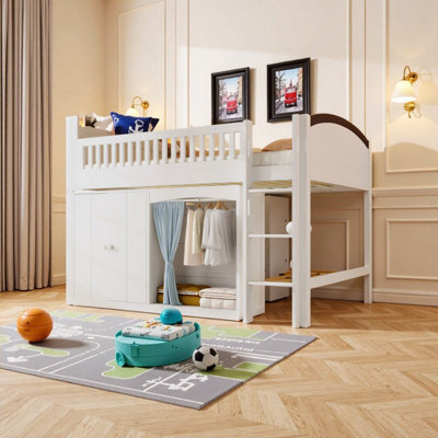 Lit mezzanine simple blanc avec lumières DEL et escalier de rangement | Lit d'enfant Playful