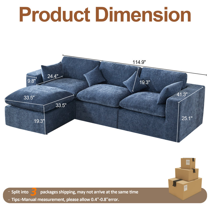 Compression Sectional Couch with Ottoman, Blue Chenille, 4
