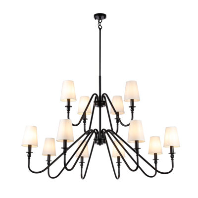 55" Wide 12-Light 2-Light Chandelier with Beige Fabric Shades