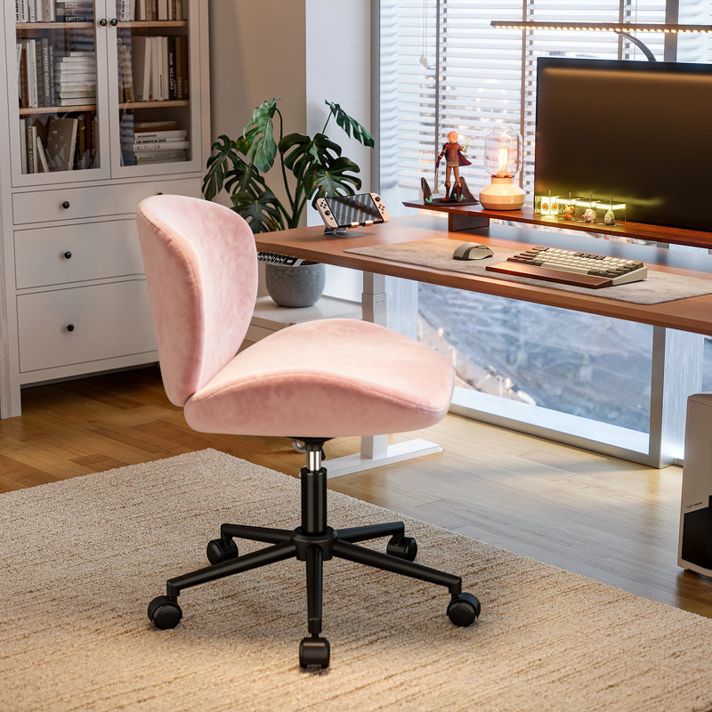 Armless Swivel Office Chair With U-Curve Ergonomic Seat And Silent Wheels, Pink