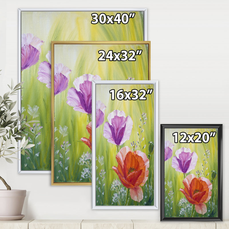 Coquelicots dans le matin - peinture sur toile, H 20 po x l 12 po x P 1po, Toile blanche encadrée