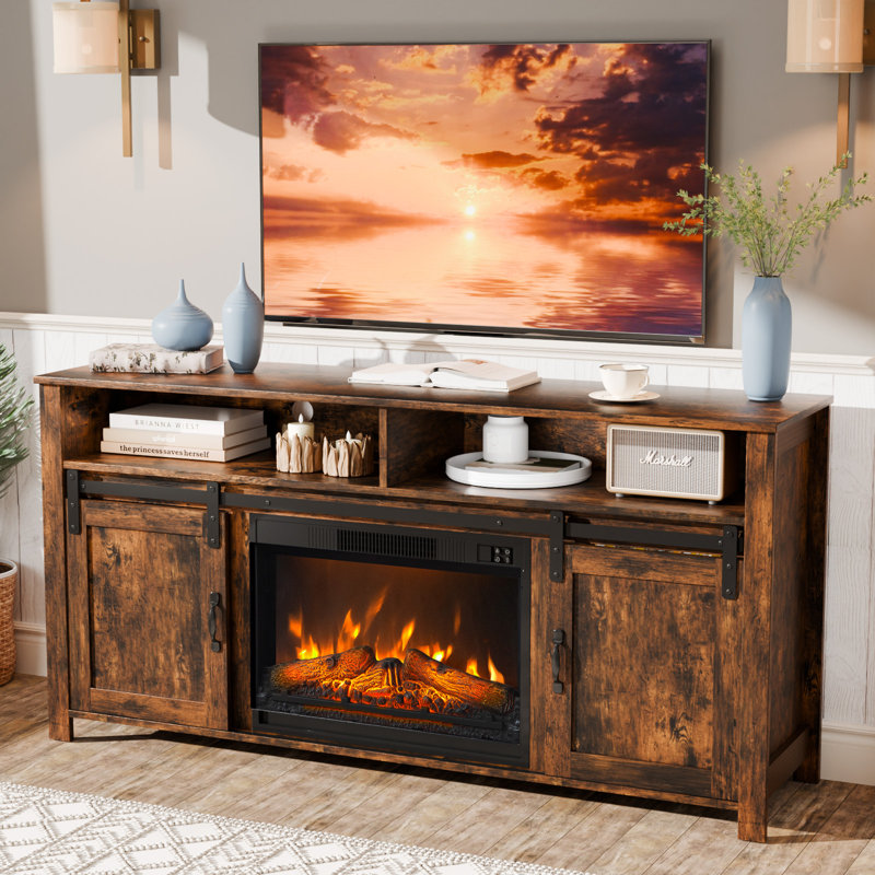 Rustic Brown Hanady For 70 Inch Tv Farmhouse Entertainment Center with Electric Fireplace Included