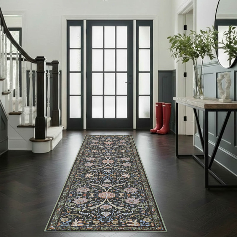 Tapis chenille imprimé lavable Hunter, Gris anthracite / bleu marine, 2 x 8