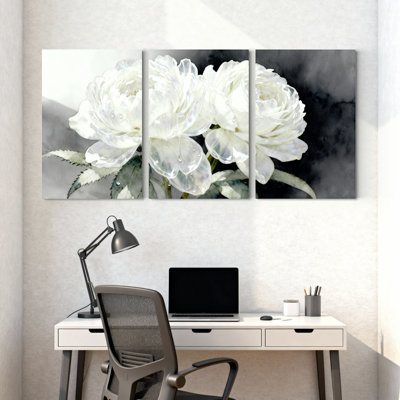 White Peony Flowers Watercolor Style Canvas Wrapped Wall Art Oil Painting Print Set of 3