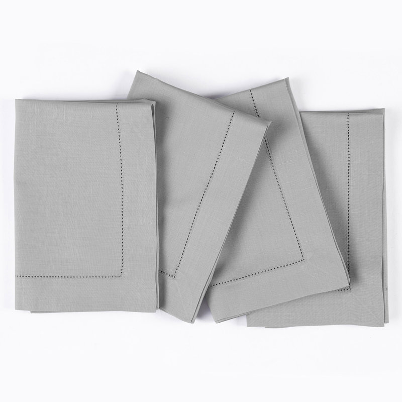 Cotton Linen Hemstitch Dinner Napkins, Light Grey