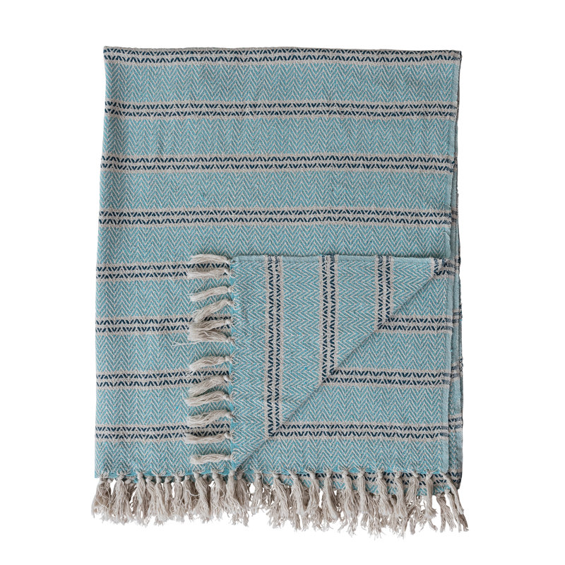 Woven Cotton Striped Throw With Fringe