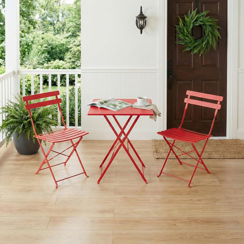 3 Piece Folding Patio Bistro Set, Patio Table & Chairs, No Assembly, Red, Red